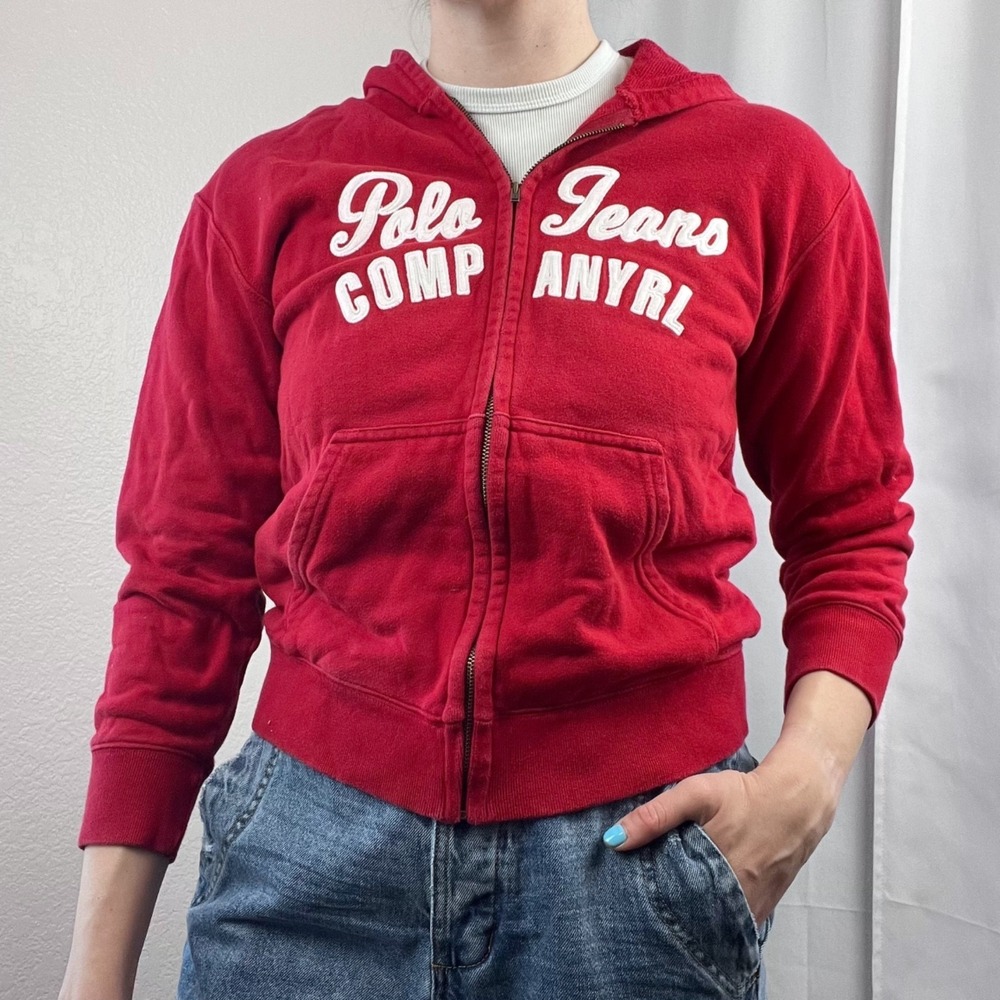 Vintage Y2K Polo Jeans Ralph Lauren Hoodie Womens Medium Red 3/4 Sleeve Preppy